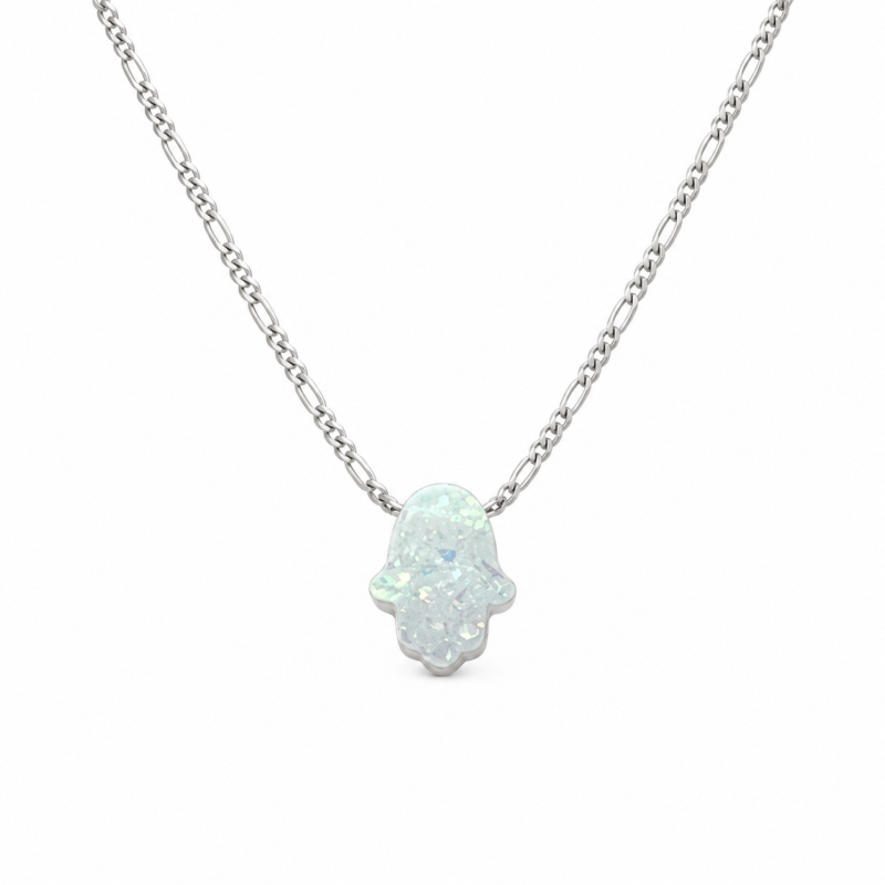 Collier Main de Fatma en argent 925 — Opale blanche