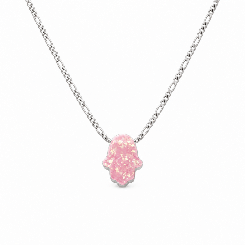 Collier Main de Fatma en argent 925 — Opale rose pastel